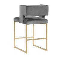 Modern Contemporary 27 Inch Counter Stool Set of 2 with Soft Padded Gray Velvet Upholstery, Gold Metal Legs, Kitchen Side Stool