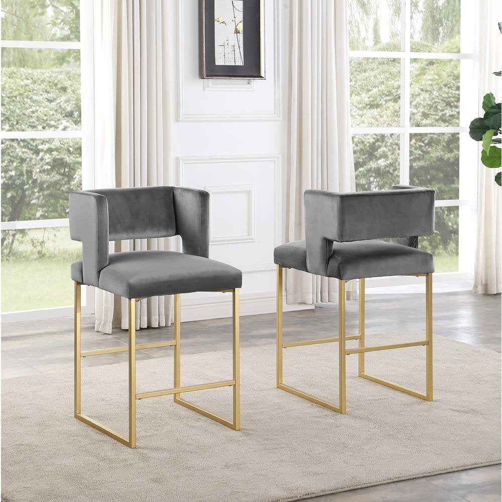 Modern Contemporary 27 Inch Counter Stool Set of 2 with Soft Padded Gray Velvet Upholstery, Gold Metal Legs, Kitchen Side Stool