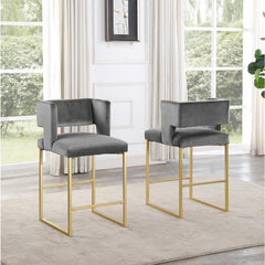 Modern Contemporary 27 Inch Counter Stool Set of 2 with Soft Padded Gray Velvet Upholstery, Gold Metal Legs, Kitchen Side Stool