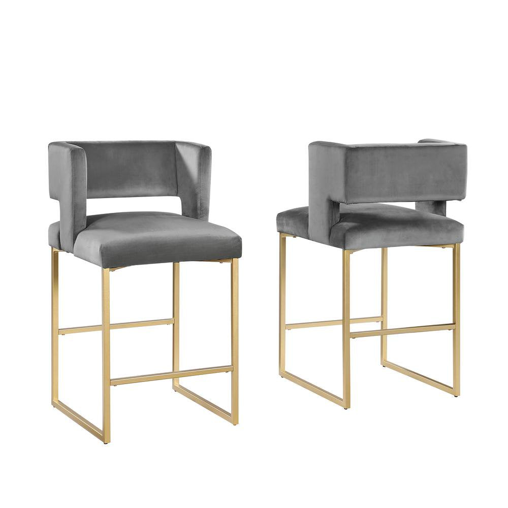 Modern Contemporary 27 Inch Counter Stool Set of 2 with Soft Padded Gray Velvet Upholstery, Gold Metal Legs, Kitchen Side Stool
