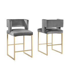 Modern Contemporary 27 Inch Counter Stool Set of 2 with Soft Padded Gray Velvet Upholstery, Gold Metal Legs, Kitchen Side Stool