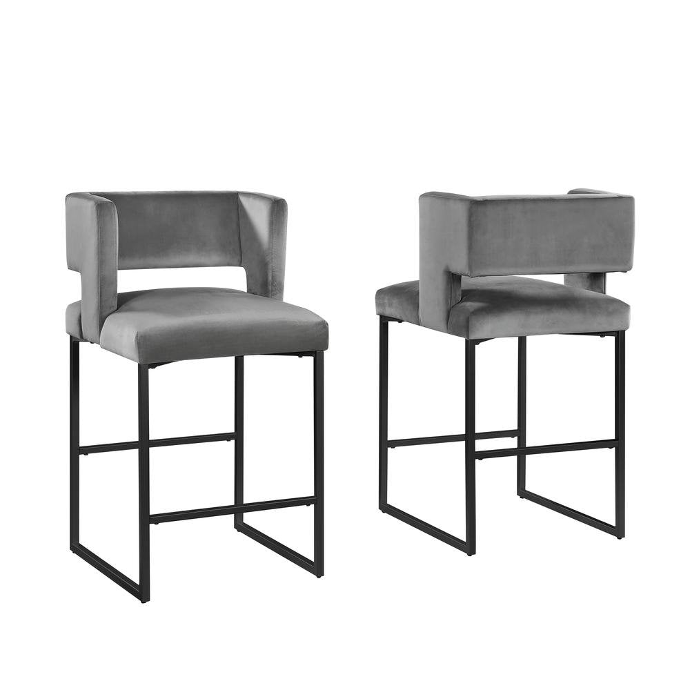 Modern Contemporary 27 Inch Counter Stool Set of 2 with Velvet Upholstery, Black Metal Legs, Kitchen Side Stool, Gray