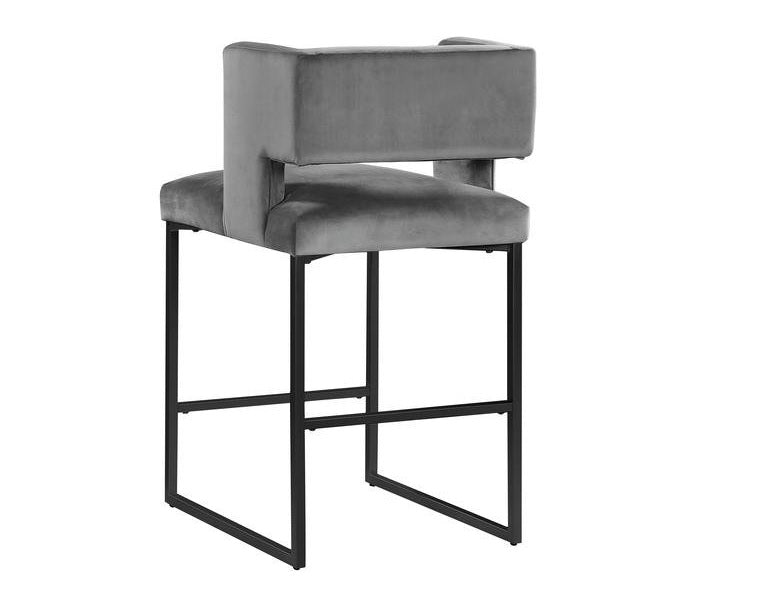Modern Contemporary 27 Inch Counter Stool Set of 2 with Velvet Upholstery, Black Metal Legs, Kitchen Side Stool, Gray