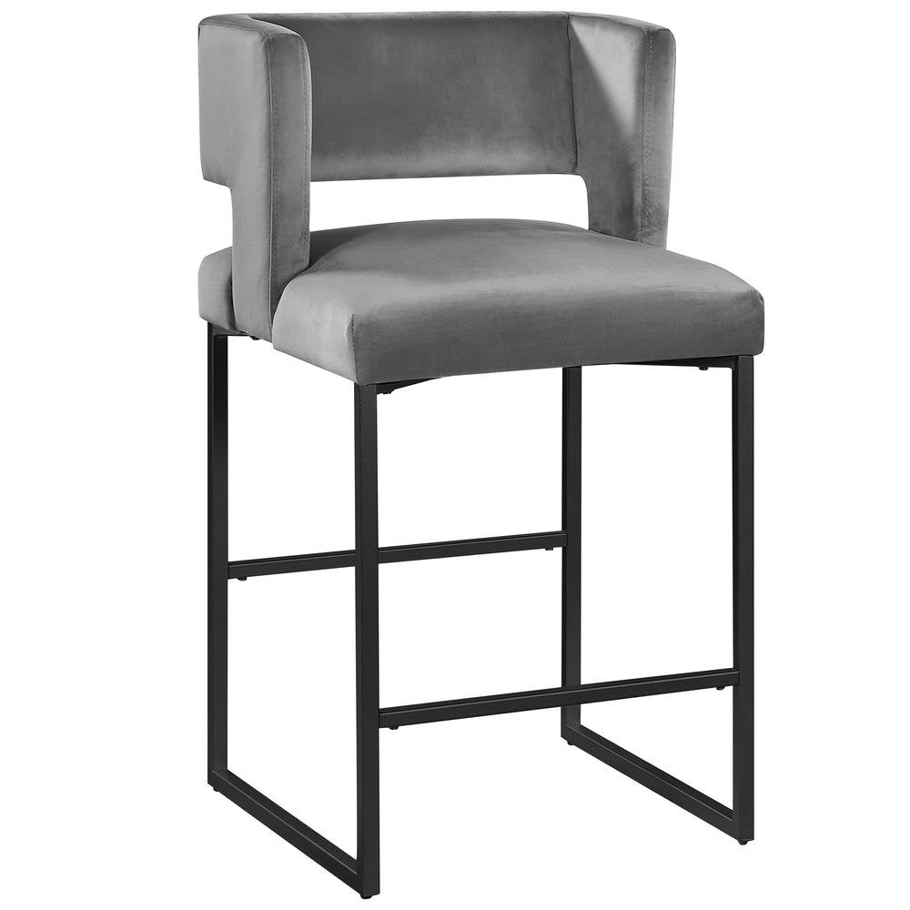 Modern Contemporary 27 Inch Counter Stool Set of 2 with Velvet Upholstery, Black Metal Legs, Kitchen Side Stool, Gray