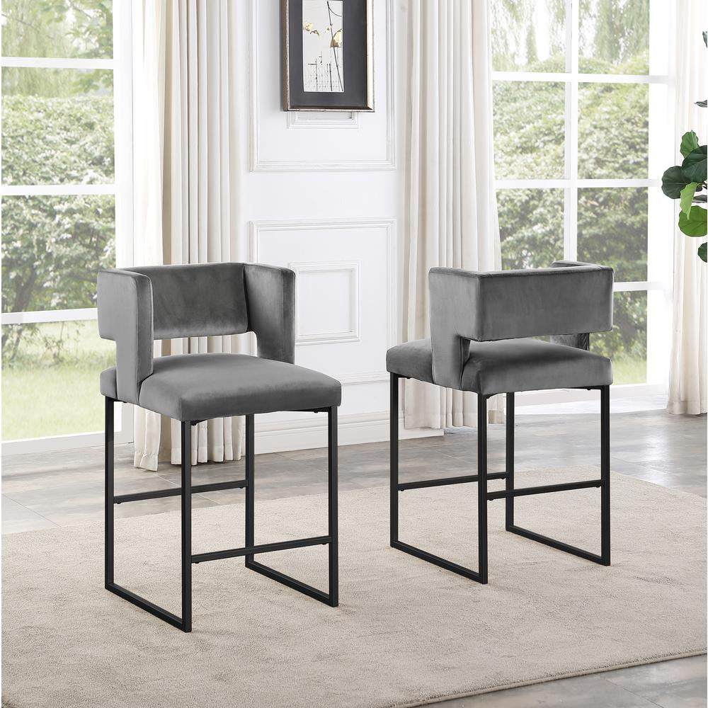 Modern Contemporary 27 Inch Counter Stool Set of 2 with Velvet Upholstery, Black Metal Legs, Kitchen Side Stool, Gray