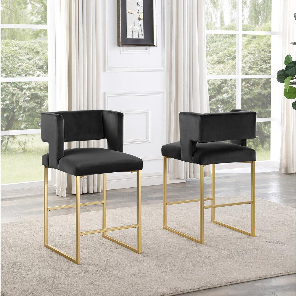 Modern Contemporary 27 Inch Counter Stool Set of 2 with Soft Padded Black Velvet Upholstery, Gold Metal Legs, Kitchen Side Stool