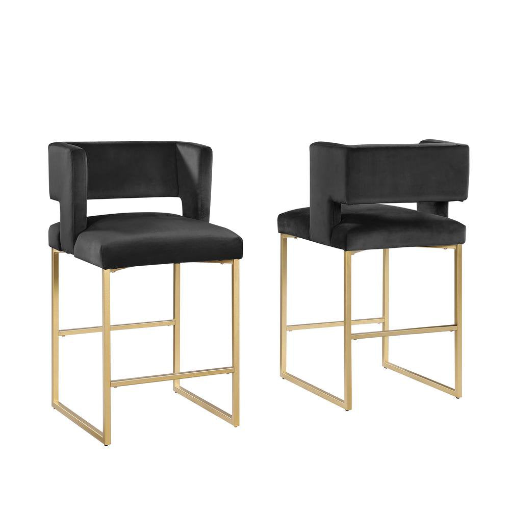 Modern Contemporary 27 Inch Counter Stool Set of 2 with Soft Padded Black Velvet Upholstery, Gold Metal Legs, Kitchen Side Stool
