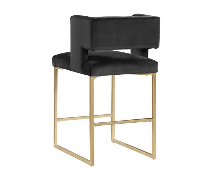 Modern Contemporary 27 Inch Counter Stool Set of 2 with Soft Padded Black Velvet Upholstery, Gold Metal Legs, Kitchen Side Stool