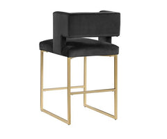 Modern Contemporary 27 Inch Counter Stool Set of 2 with Soft Padded Black Velvet Upholstery, Gold Metal Legs, Kitchen Side Stool