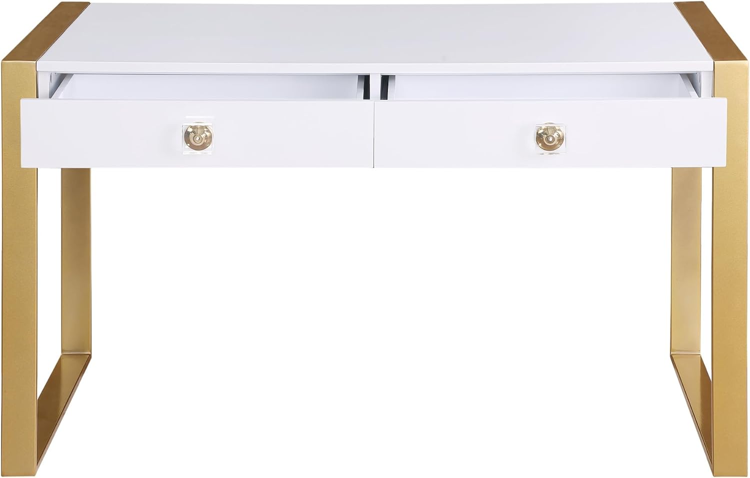 Modern White/Gold 2 Drawer Computer Desk for Office, Home Study Room, Lacquer Finish Wood Gaming Computer Desk with Metal Legs