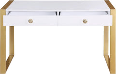 Modern White/Gold 2 Drawer Computer Desk for Office, Home Study Room, Lacquer Finish Wood Gaming Computer Desk with Metal Legs
