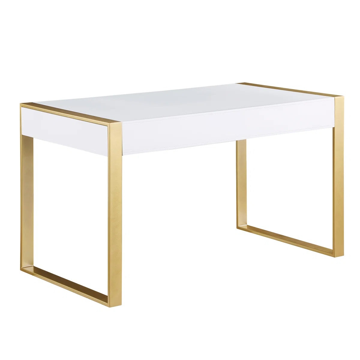 Modern White/Gold 2 Drawer Computer Desk for Office, Home Study Room, Lacquer Finish Wood Gaming Computer Desk with Metal Legs