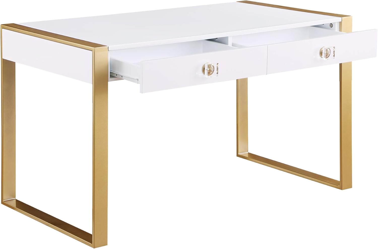 Modern White/Gold 2 Drawer Computer Desk for Office, Home Study Room, Lacquer Finish Wood Gaming Computer Desk with Metal Legs