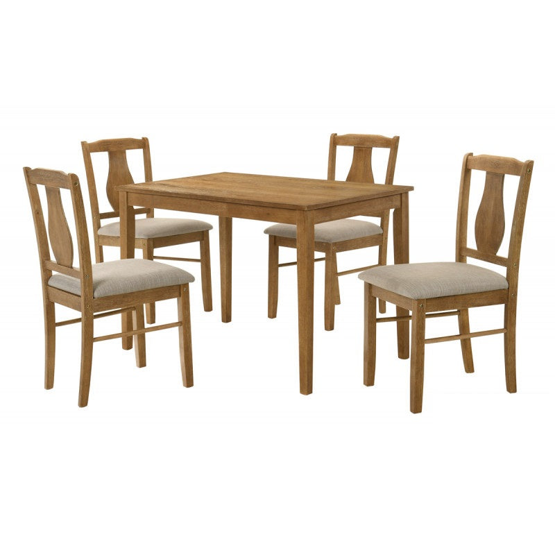 5 Piece Antique Natural Oak Wood Dining Set, Solid Wood Dining Table & 4 Side Chair with Cushion, Space Saving Dining Room Furniture, Brown