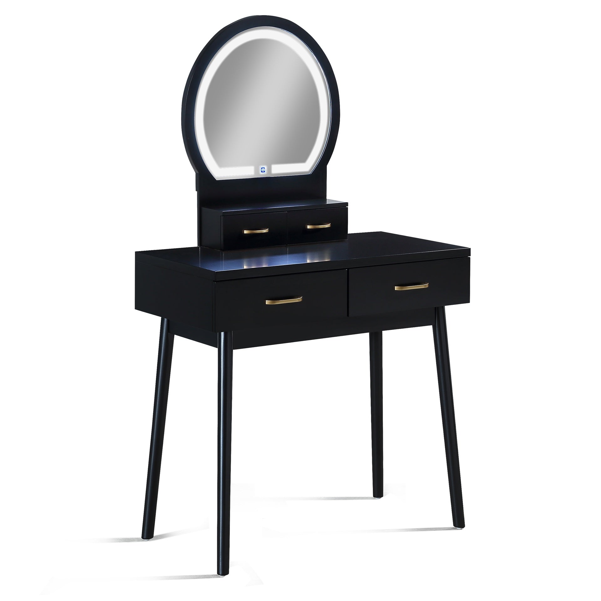 3pc Vanity Table and Stool Set Built-in Led-lit Mirror Matching Cushioned Stool Gold-accented Handles Wooden Home Furniture Black