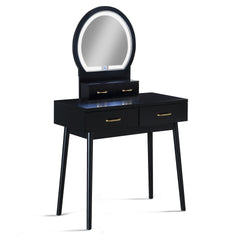 3pc Vanity Table and Stool Set Built-in Led-lit Mirror Matching Cushioned Stool Gold-accented Handles Wooden Home Furniture Black