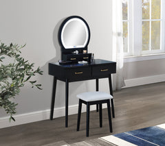 3pc Vanity Table and Stool Set Built-in Led-lit Mirror Matching Cushioned Stool Gold-accented Handles Wooden Home Furniture Black