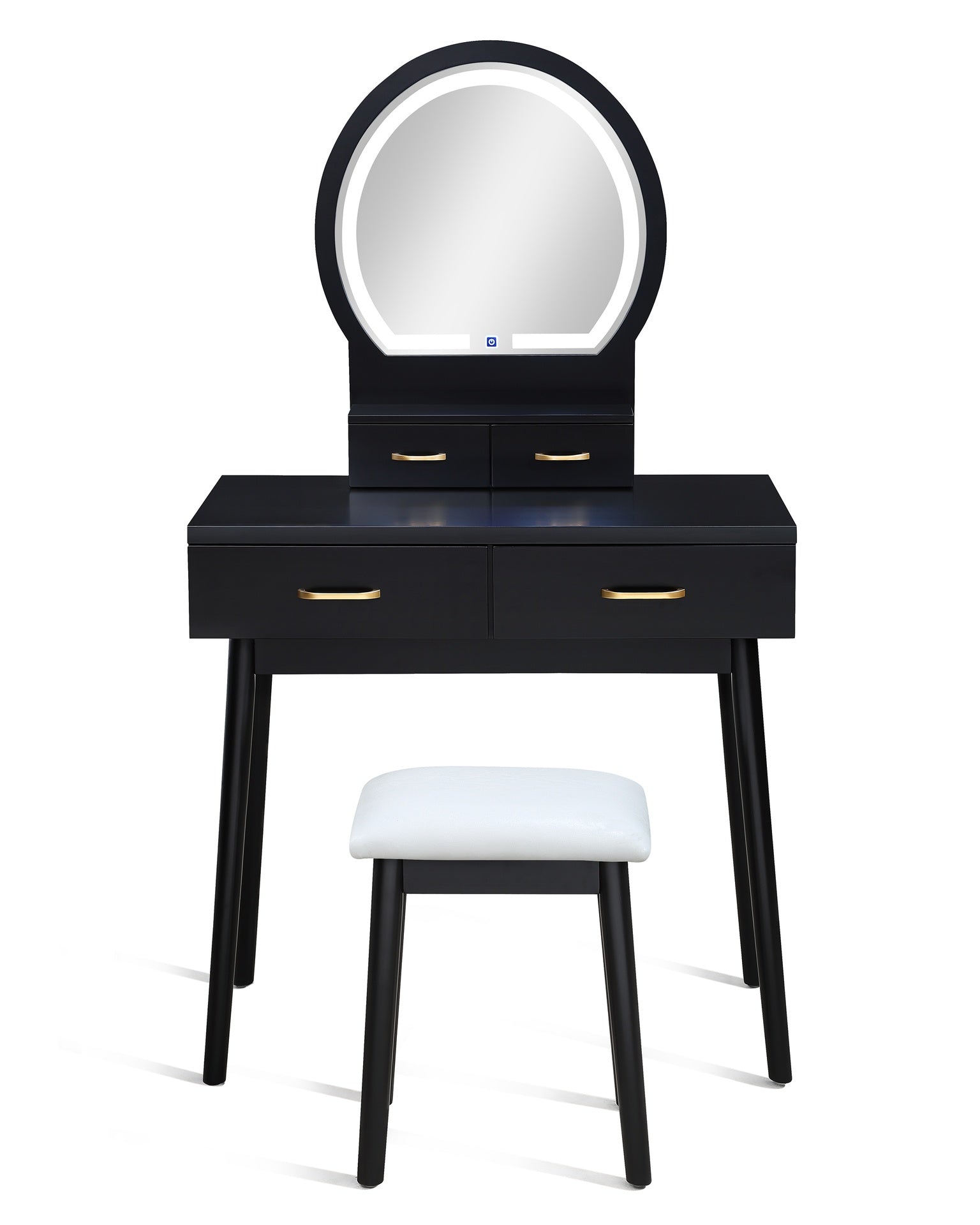 3pc Vanity Table and Stool Set Built-in Led-lit Mirror Matching Cushioned Stool Gold-accented Handles Wooden Home Furniture Black