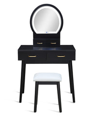 3pc Vanity Table and Stool Set Built-in Led-lit Mirror Matching Cushioned Stool Gold-accented Handles Wooden Home Furniture Black
