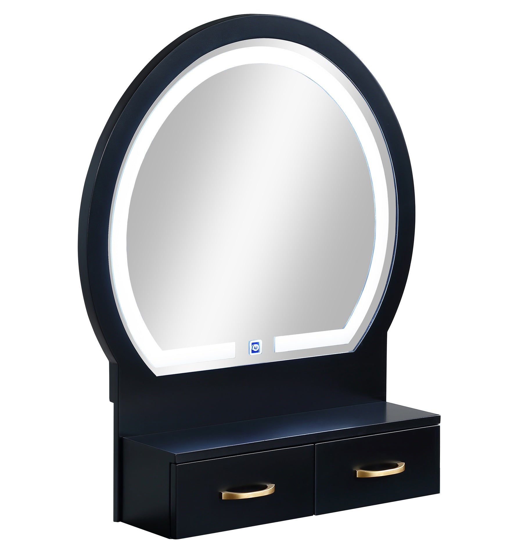 3pc Vanity Table and Stool Set Built-in Led-lit Mirror Matching Cushioned Stool Gold-accented Handles Wooden Home Furniture Black