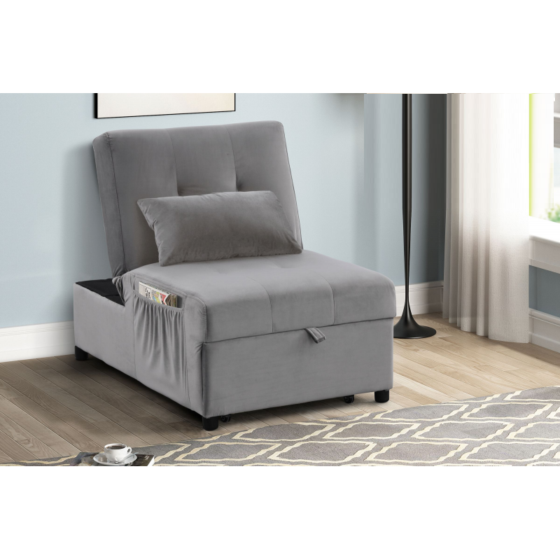 Velvet Adjustable Sleeper Lounge Chaise, Convertible Living Room Lounger Chaise in Gray