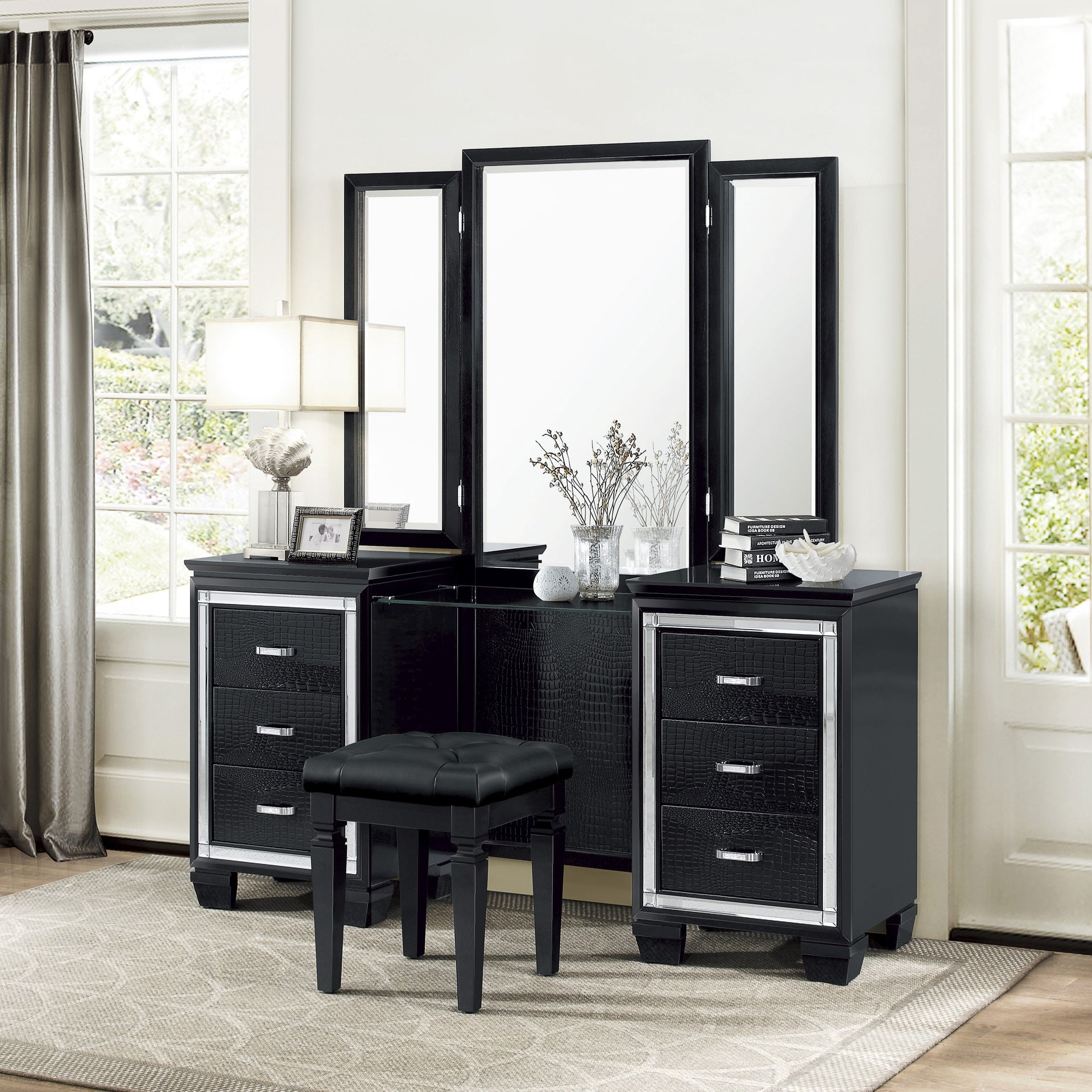 Modern Glam Bedroom Furniture 1pc Vanity Stool Luxury Black Finish Faux Leather Tufted Seat