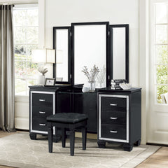 Modern Glam Bedroom Furniture 1pc Vanity Stool Luxury Black Finish Faux Leather Tufted Seat