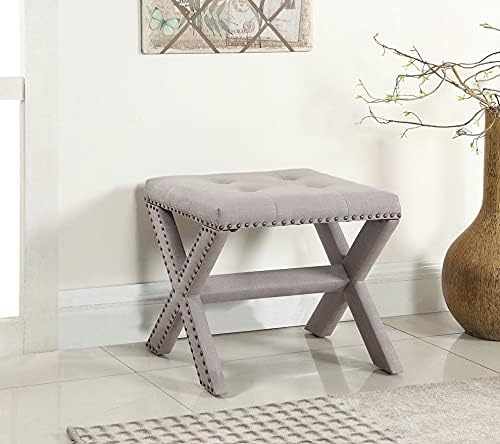 Linen Blend Accent Bench with Nailhead Trim, Tufted Seat Bench for Entryway Living Room, Grey