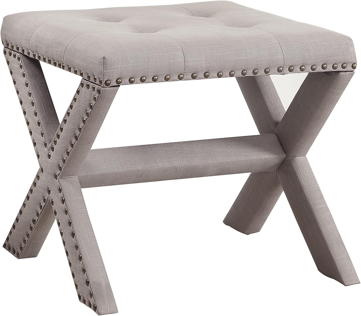 Linen Blend Accent Bench with Nailhead Trim, Tufted Seat Bench for Entryway Living Room, Grey
