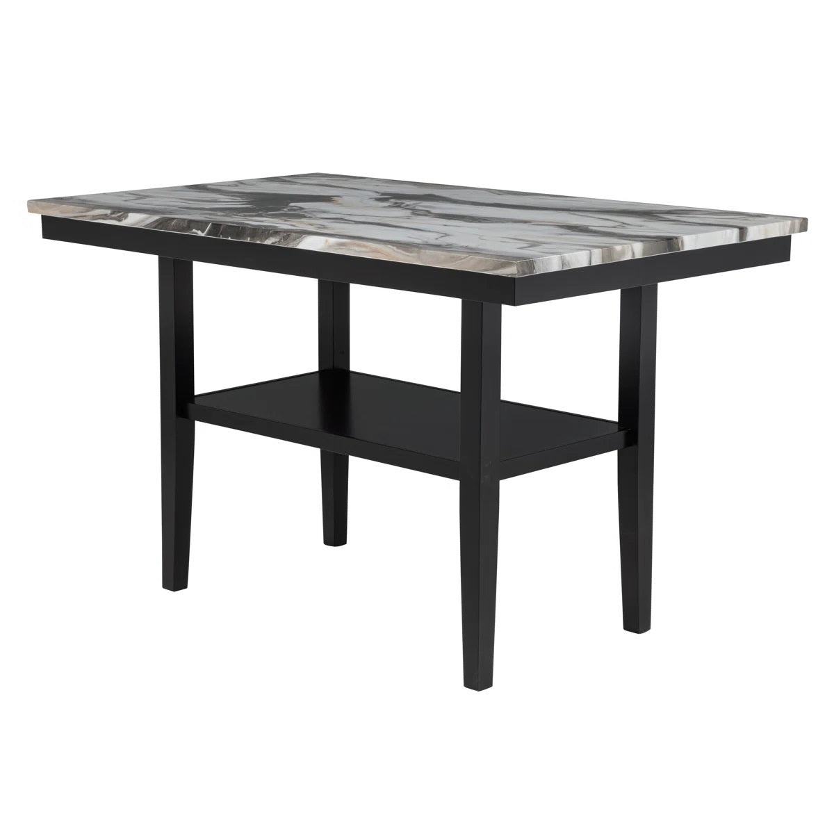 60" Counter Dining Table with Storage Bottom Shelf, Marble Finish Wood Top Table for Kitchen Dining Room, Black