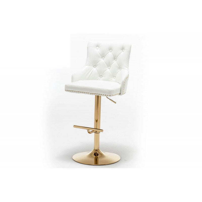Adjustable Swivel Bar Stool (Set of 2) with Gold Base, Velvet Upholstered Kitchen Chair, Nailhead Trim and Tufted back, White
