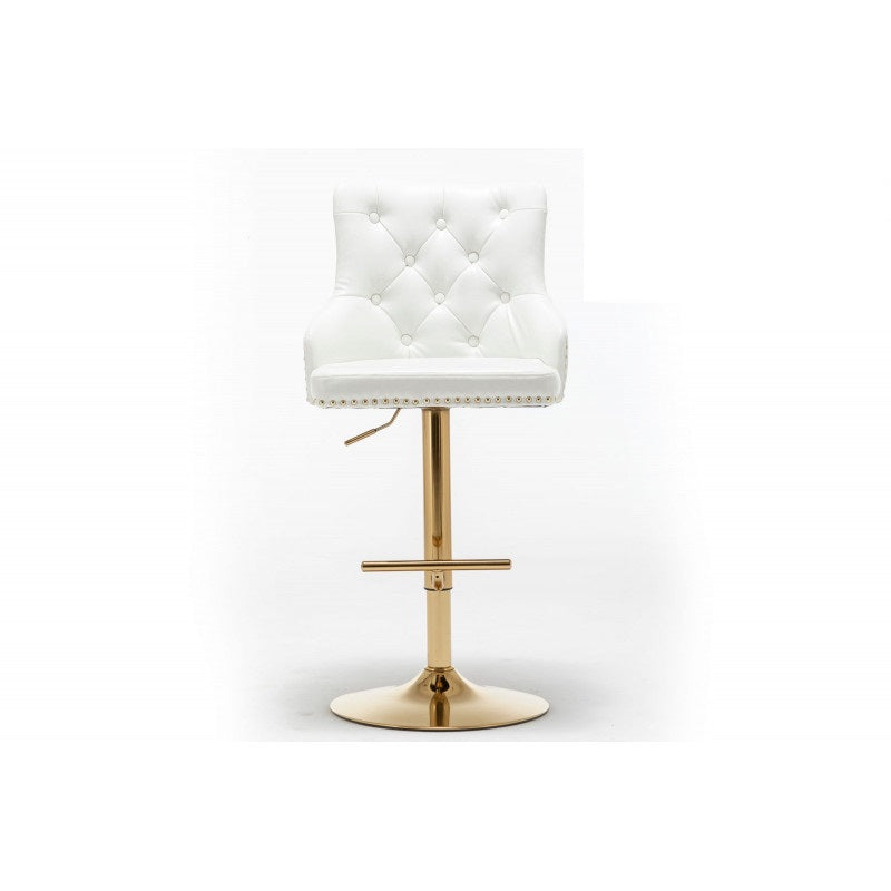 Adjustable Swivel Bar Stool (Set of 2) with Gold Base, Velvet Upholstered Kitchen Chair, Nailhead Trim and Tufted back, White