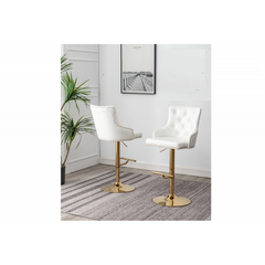 Adjustable Swivel Bar Stool (Set of 2) with Gold Base, Velvet Upholstered Kitchen Chair, Nailhead Trim and Tufted back, White