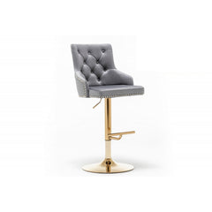 Adjustable Swivel Bar Stool (Set of 2) with Gold Base, Velvet Upholstered Kitchen Chair, Nailhead Trim and Tufted back, Gray