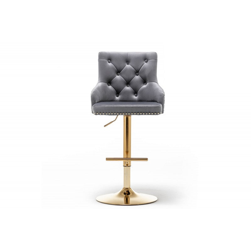 Adjustable Swivel Bar Stool (Set of 2) with Gold Base, Velvet Upholstered Kitchen Chair, Nailhead Trim and Tufted back, Gray