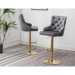 Adjustable Swivel Bar Stool (Set of 2) with Gold Base, Velvet Upholstered Kitchen Chair, Nailhead Trim and Tufted back, Gray