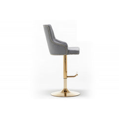 Adjustable Swivel Bar Stool (Set of 2) with Gold Base, Velvet Upholstered Kitchen Chair, Nailhead Trim and Tufted back, Gray