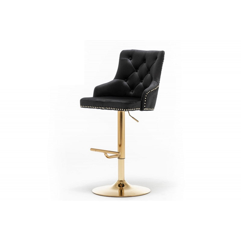 Adjustable Swivel Bar Stool (Set of 2) with Gold Base, Velvet Upholstered Kitchen Chair, Nailhead Trim and Tufted back, Black