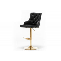 Adjustable Swivel Bar Stool (Set of 2) with Gold Base, Velvet Upholstered Kitchen Chair, Nailhead Trim and Tufted back, Black