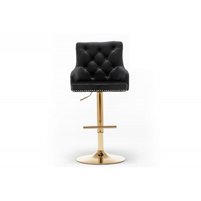 Adjustable Swivel Bar Stool (Set of 2) with Gold Base, Velvet Upholstered Kitchen Chair, Nailhead Trim and Tufted back, Black