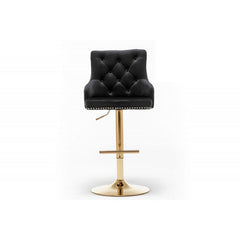 Adjustable Swivel Bar Stool (Set of 2) with Gold Base, Velvet Upholstered Kitchen Chair, Nailhead Trim and Tufted back, Black