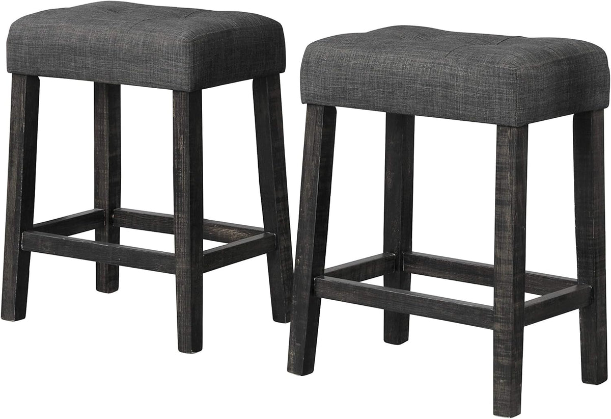 Transitional 24" Wood Counter Stool Set of 2, Backless Counter Seating with Upholstered Linen Fabric Cushion, Kitchen/Dining Room Furniture, Charcoal Black