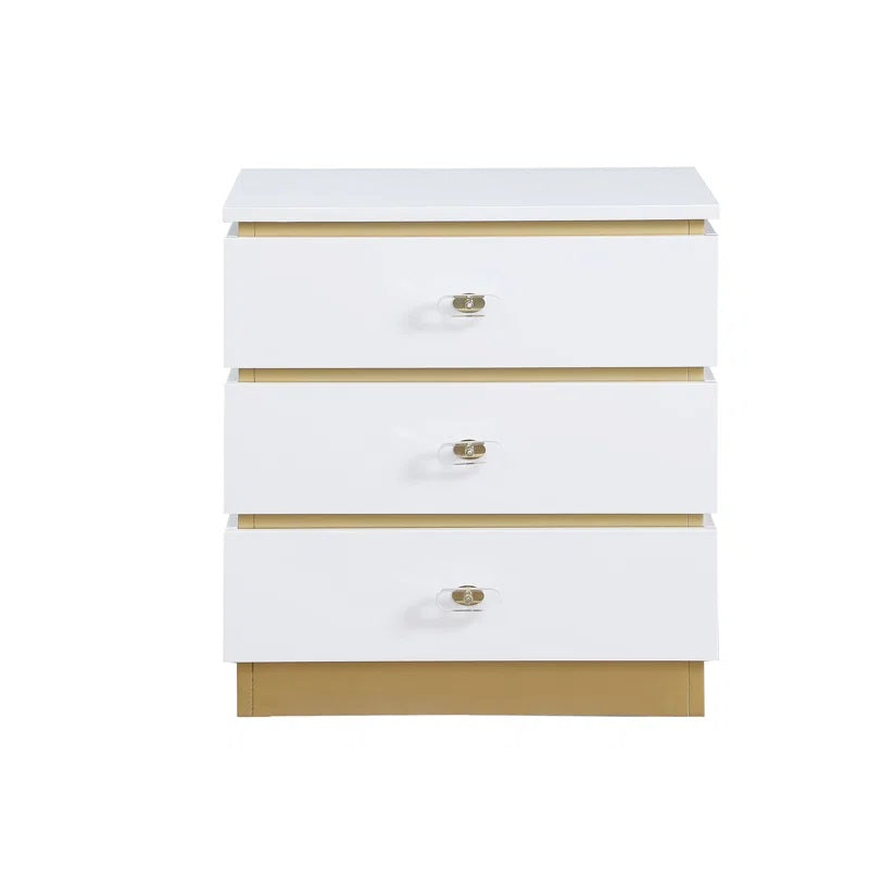 Living Room End Table with 3 Storage Drawers in White Lacquer, Brushed Gold Finish