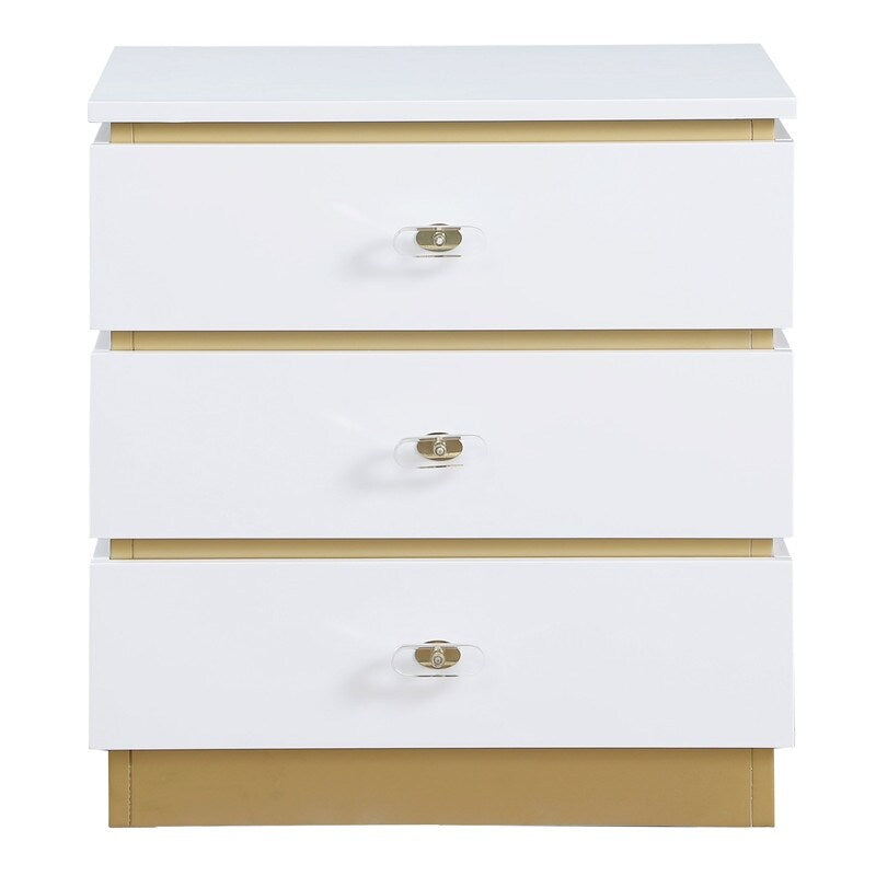 Living Room End Table with 3 Storage Drawers in White Lacquer, Brushed Gold Finish