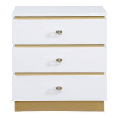 Living Room End Table with 3 Storage Drawers in White Lacquer, Brushed Gold Finish