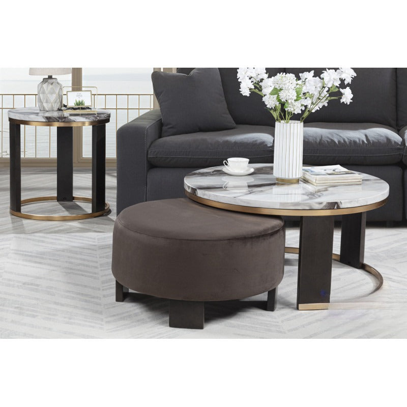 Nesting Coffee Table Set of 2, Faux Marble Top Round Coffee Table with Ottoman, Modern Living Room Sofa Side Table, Brown/Gold