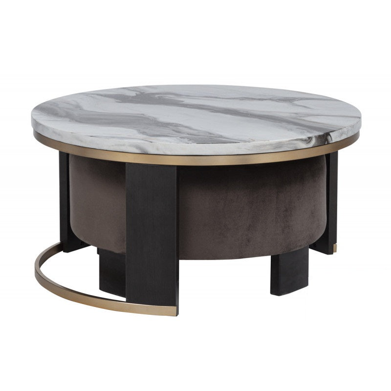 Nesting Coffee Table Set of 2, Faux Marble Top Round Coffee Table with Ottoman, Modern Living Room Sofa Side Table, Brown/Gold