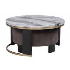 Nesting Coffee Table Set of 2, Faux Marble Top Round Coffee Table with Ottoman, Modern Living Room Sofa Side Table, Brown/Gold