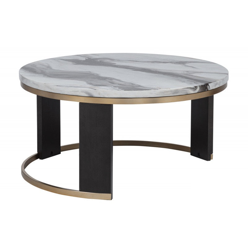 Nesting Coffee Table Set of 2, Faux Marble Top Round Coffee Table with Ottoman, Modern Living Room Sofa Side Table, Brown/Gold