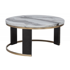 Nesting Coffee Table Set of 2, Faux Marble Top Round Coffee Table with Ottoman, Modern Living Room Sofa Side Table, Brown/Gold